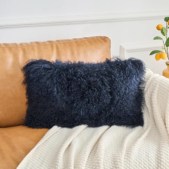 Genuine Mongolian Lamb Fur Pillow Cover – 12"x20" Rectangular Cushion Case – - Image 2