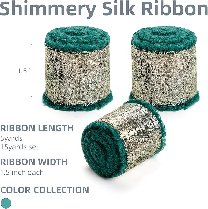 Dark Green Silk Chiffon Ribbon, Emerald Green Frayed Shimmery Silk Ribbon - Image 2
