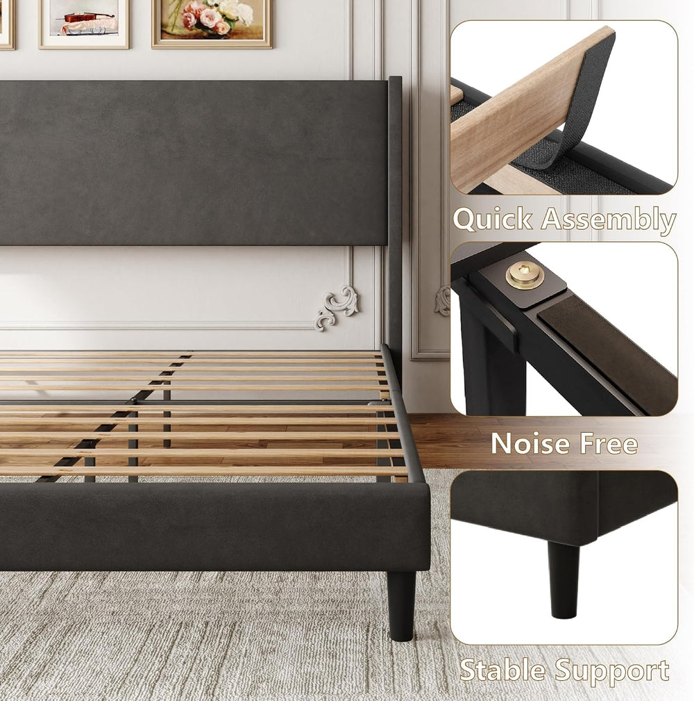 Sismplly Full Bed Frame with Wingback Headboard, Velvet Upholstered Platform ...
