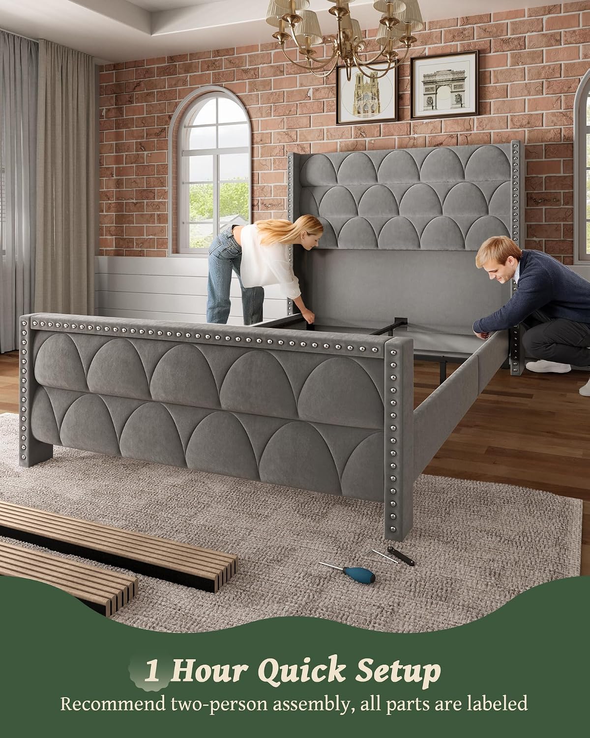 ohoholive queen size bed frame with 56" headboard on a desk or shelf