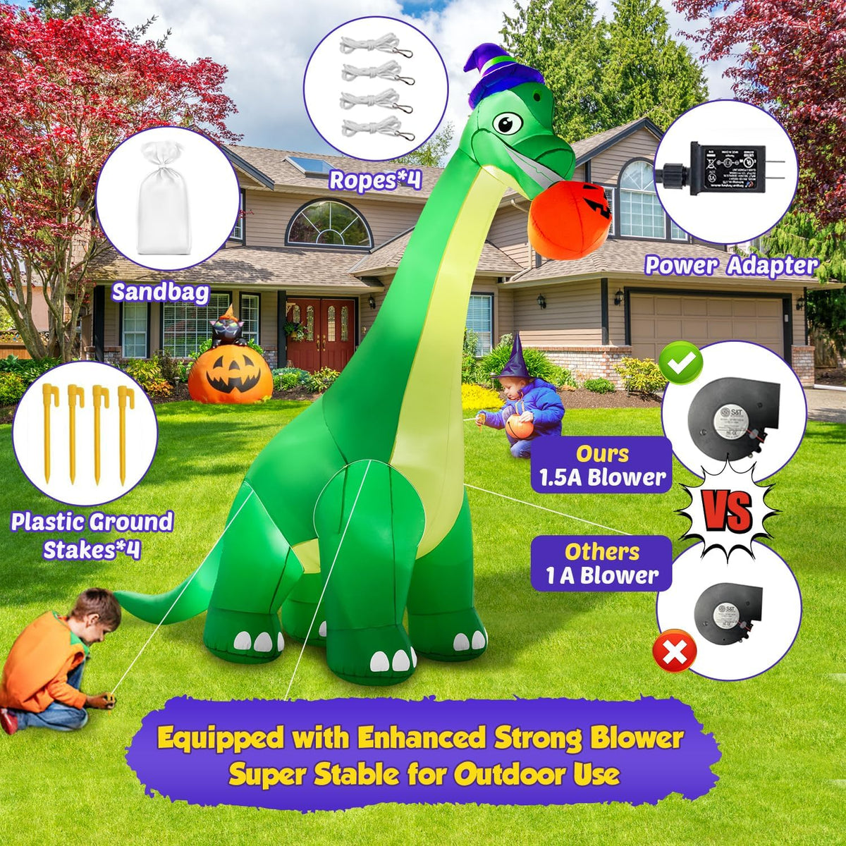 zukakii 13Ft Giant Halloween Dinosaur Inflatable Decorations, Bite Large Pumpkin with Witch Hat Build-in LED Light Strong Blower Huge Blow Up Yard Clearance Decor for Outdoor Indoor Holiday Party Yard