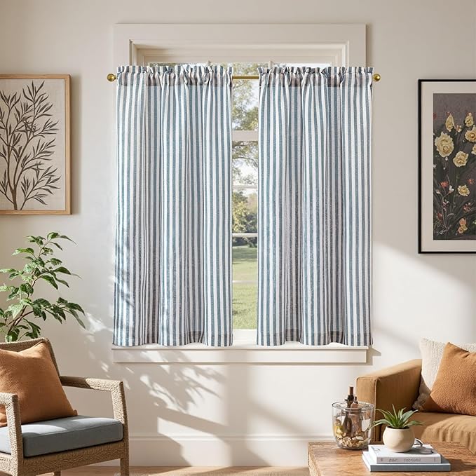 jinchan Striped Linen Kitchen Curtains 45 Inches Length Tier Curtains Farmhouse by JINCHAN