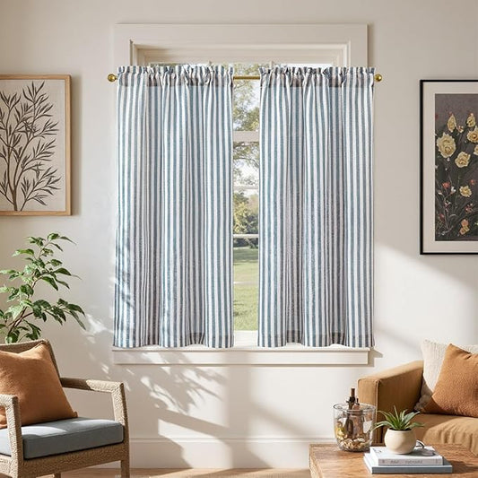 jinchan Striped Linen Kitchen Curtains 45 Inches Length Tier Curtains Farmhouse by JINCHAN