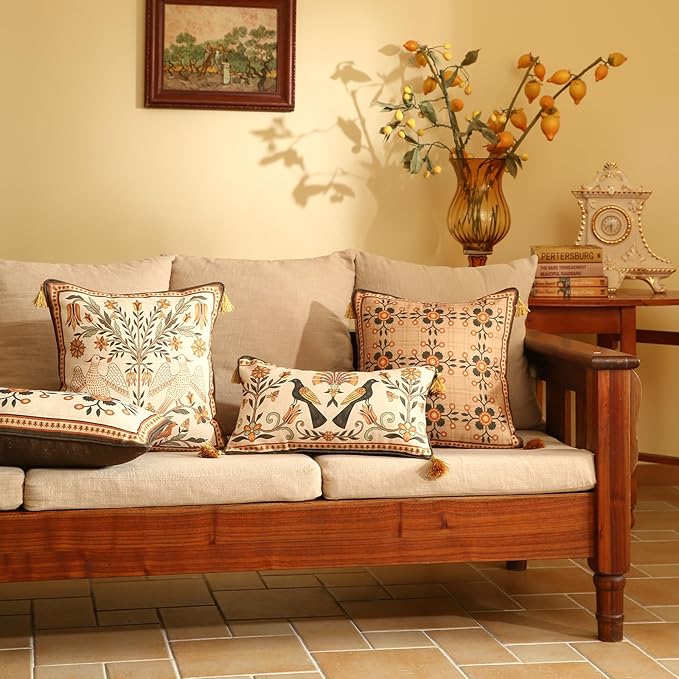Brown Throw Pillow Covers Set of 2, Floral Farmhouse Birds Flower Pattern Linen - Image 5