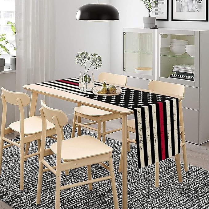 Red Line Black Table Runner July 4th Rustic American Firefighter USA Flag - Image 3