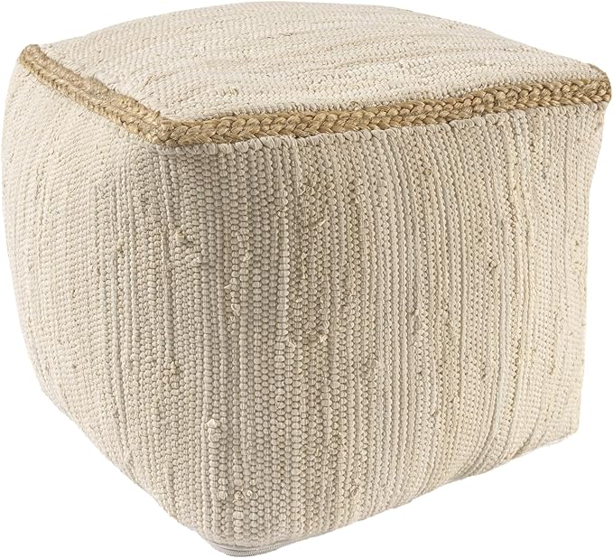 LR Home Birch/Silver Bordered Hand-Loomed Cotton Blend Cube Pouf - Image 2