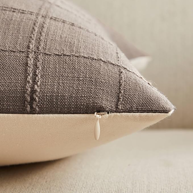 ZeeMart Linen Checked Lumbar Throw Pillow Covers Set of 2, 12x20 Inch Cocoa - Image 3
