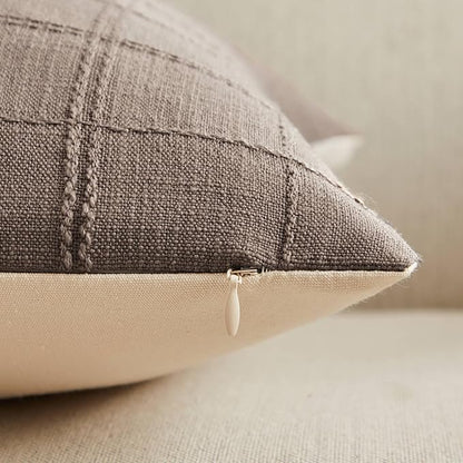 ZeeMart Linen Checked Throw Pillow Covers Set of 2, 16x16 Inch Cocoa Brown/Cream - Image 3