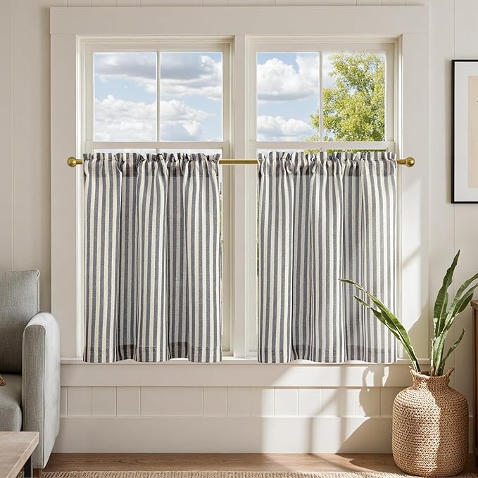 jinchan Striped Linen Kitchen Curtains 24 Inches Tier Curtains Farmhouse Modern by JINCHAN