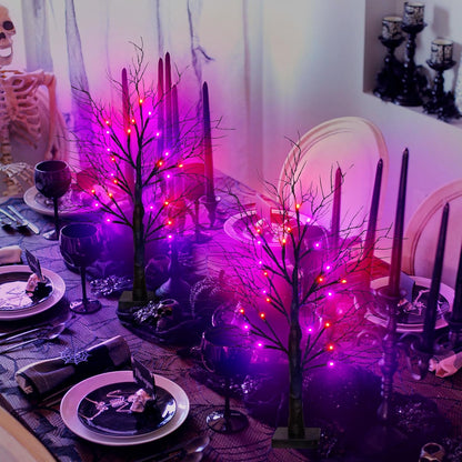 Halloween Decorations Indoor 2 Pack 24 Inch Black Halloween Tree with 48 Orange & Purple Lights, USB or Battery Operated Halloween Table Decorations Lighted Tabletop Spooky Tree Home Decor Office