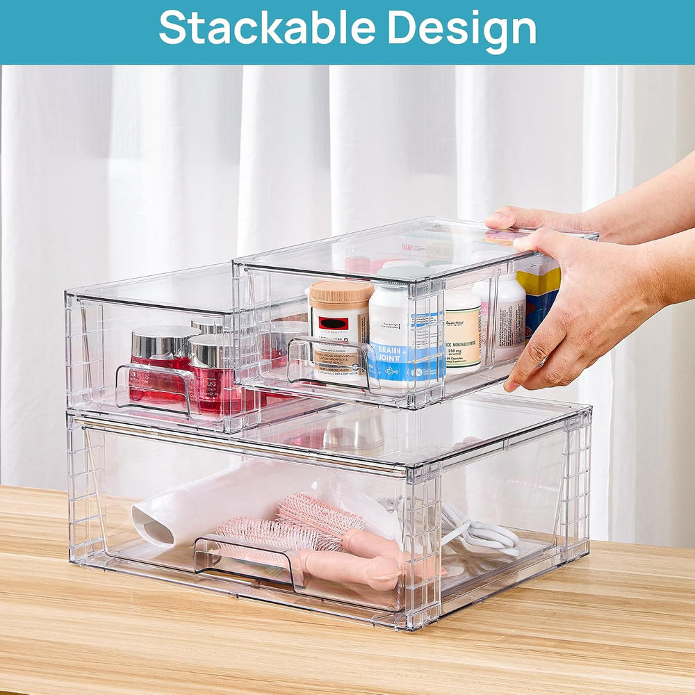 Vtopmart Clear Stackable Storage Drawers, 3 Pack Wide Organizer Set