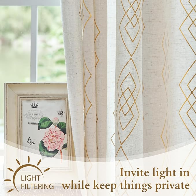 Linen Boho Curtains for Bedroom, 96 Inches Long Curtains Gold Foil Metallic - Image 5