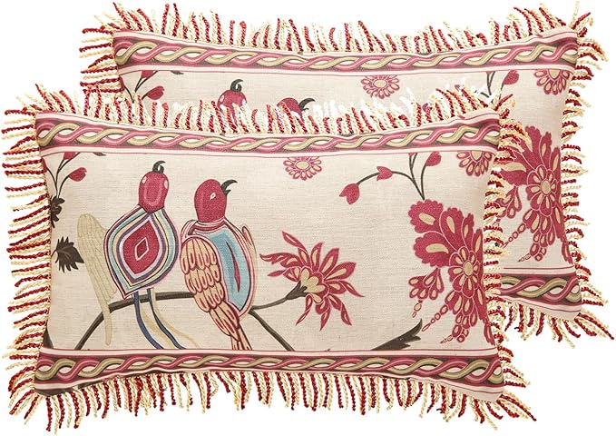 patdrea Designer Throw Pillow Covers 12"x20", Vintage Flowers and Bird Pattern by Welcometopatdrea
