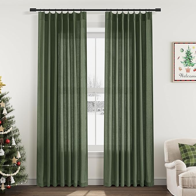Olive Green Pinch Pleated Linen Curtains 84 Inches Long by Aersas