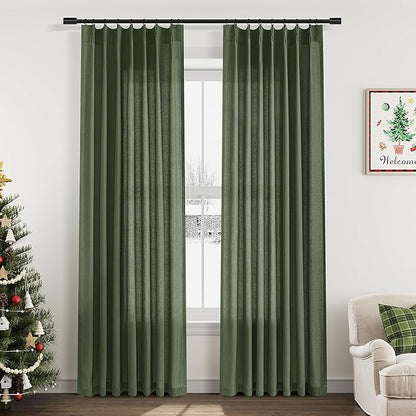 Olive Green Pinch Pleated Linen Curtains 84 Inches Long by Aersas
