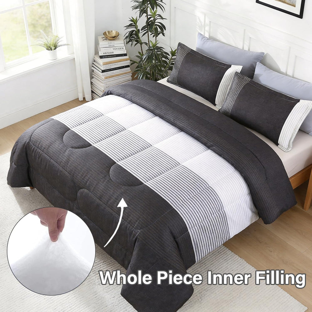 PERFEMET Black Twin Comforter Set, 3 Pieces Striped Pattern Bedding Set Mascu...