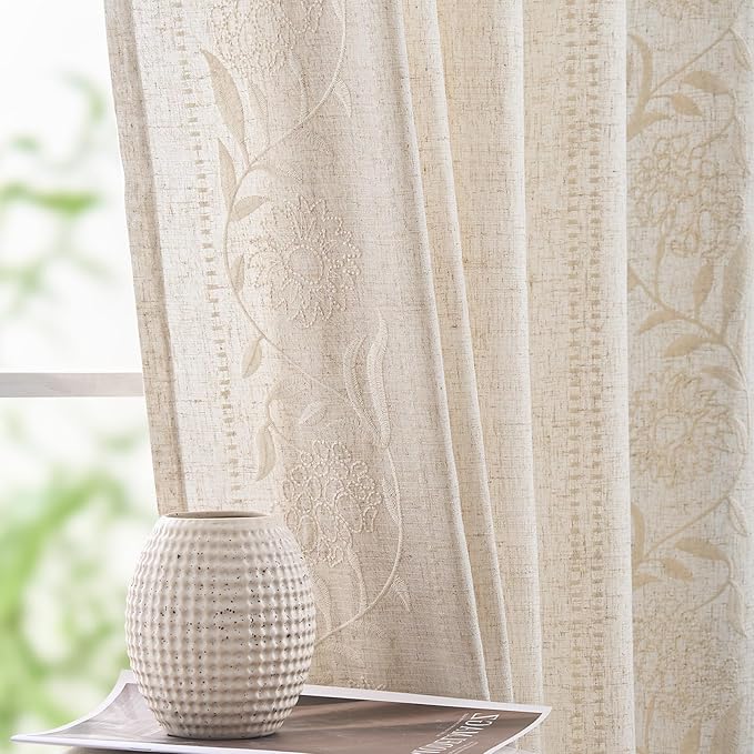 jinchan Winslow Linen Curtains for Bedroom 63 Inches Length Embroidered by JINCHAN