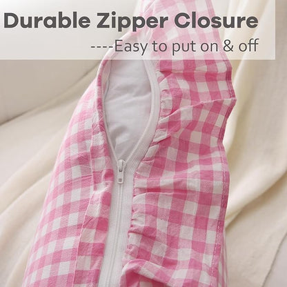 2 Pack Pink White Plaid Ruffle Gingham Throw Pillow Covers, 100% Washed Cotton - Image 4
