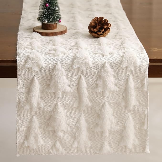 Christmas Tbale Runner 13x72 Inch Soft Plush Faux Fur Jacquard CreamWhite Big by Unknown