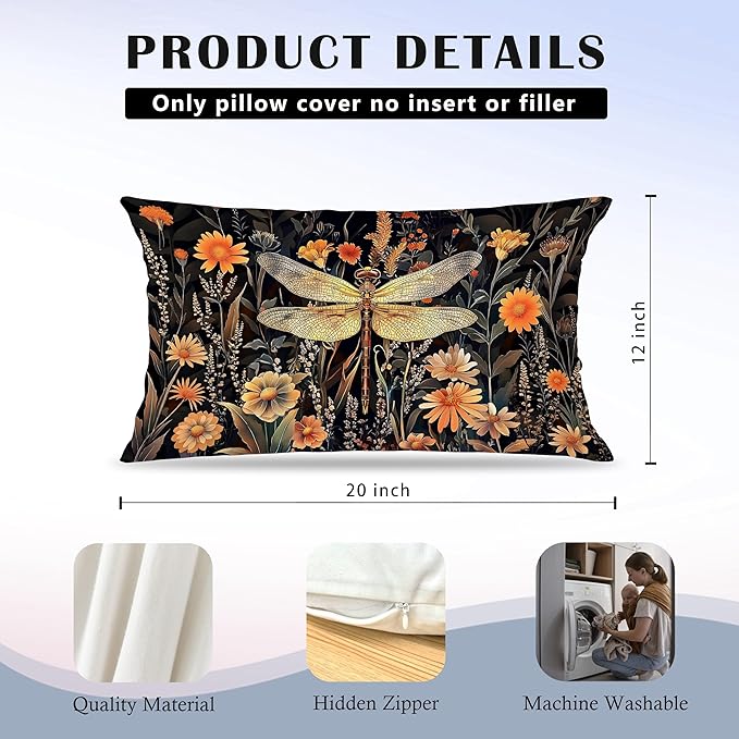 Moody Vintage Dragonfly Bee Floral Pillow Covers 12x20 Set of 2, Dark - Image 5