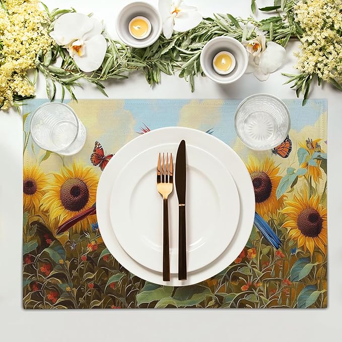 Giwawa Sunflower Birds Placemats Set of 4, Summer Sun Flower Butterflies Linen - Image 3