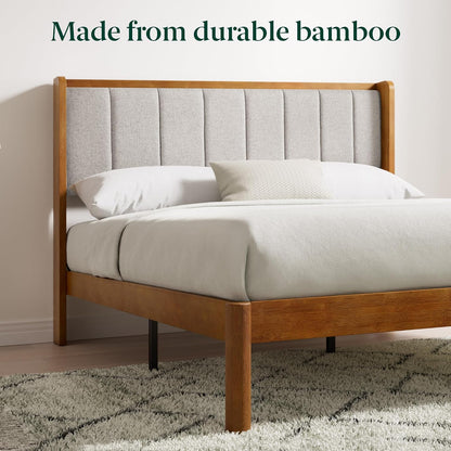 zinus jonas bamboo platform bed frame, wingback headboard, side view