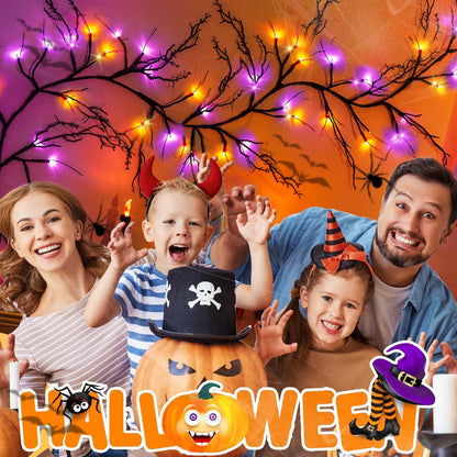[8 Modes & Timer] 9 Ft 72 LED Halloween Willow Vine Twig Garland with Orange Purple Lights Battery Operated Indoor/Outdoor Wall Fireplace Mantle Halloween Decorations
