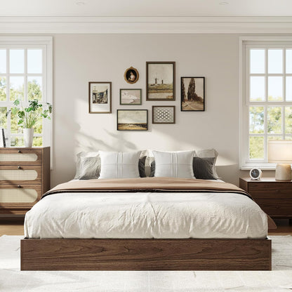 queen bed frame, wood platform bed with sturdy shown in use