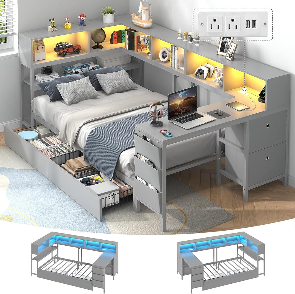Hasuit Twin Corner Bed with Desk, Storage Bookcases, 2 Storage Drawers