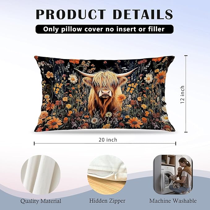 Moody Floral Highland Cow Pillow Covers 12x20 Set of 2, Gifts - Image 5