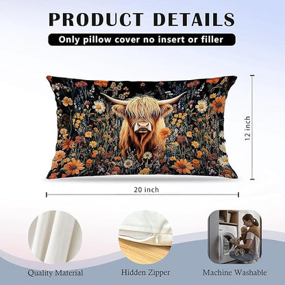 Moody Floral Highland Cow Pillow Covers 12x20 Set of 2, Gifts - Image 5