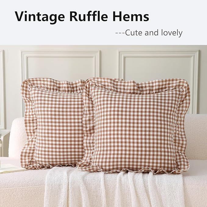 Aryeleay 2 Pack Khaki White Plaid Ruffle Throw Pillow Covers, 100% Cotton - Image 3