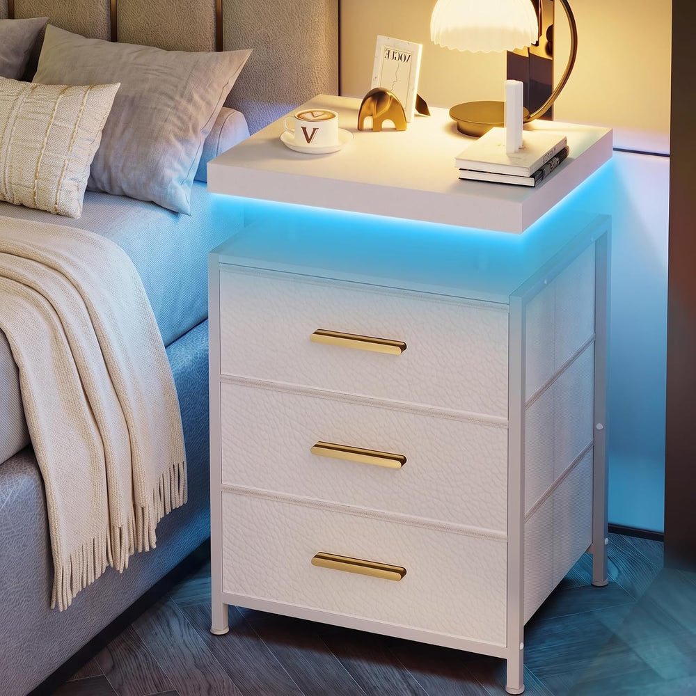 DreamDashio Nightstand with LED Lights, 3 Fabric Storage Drawers, Bedside Tab...
