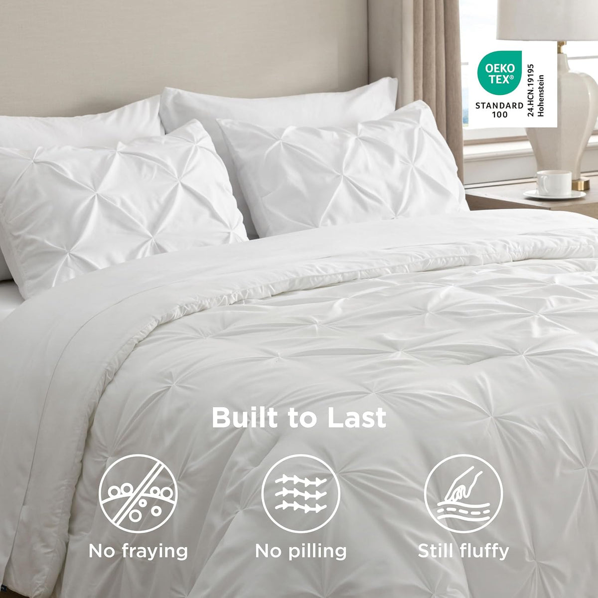 bedsure 7-piece white comforter & sheet set, queen, front angle view