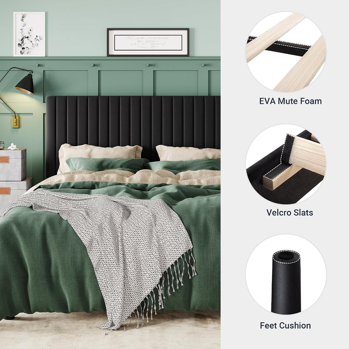 allewie full bed frame, velvet upholstered platform bed showing dimensions