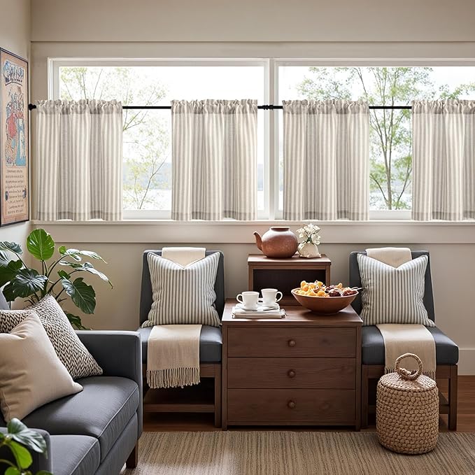 jinchan Striped Linen Kitchen Curtains 24 Inches Tier Curtains Farmhouse Modern - Image 3