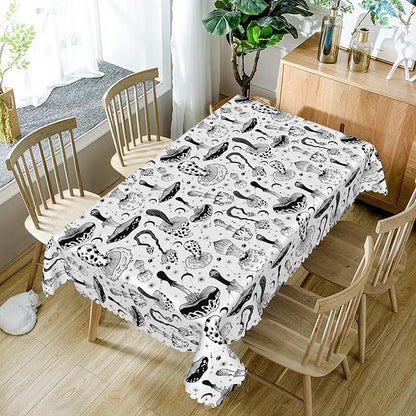 60x120inches Mushroom Tablecloth Retro 70s 60s Hippie Black and White Mushroom - Image 5