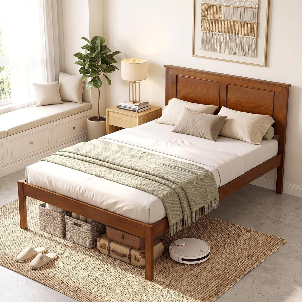 KOMFOTT Twin Size Bed Frame, Farmhouse Wooden Platform Bed with Headboard