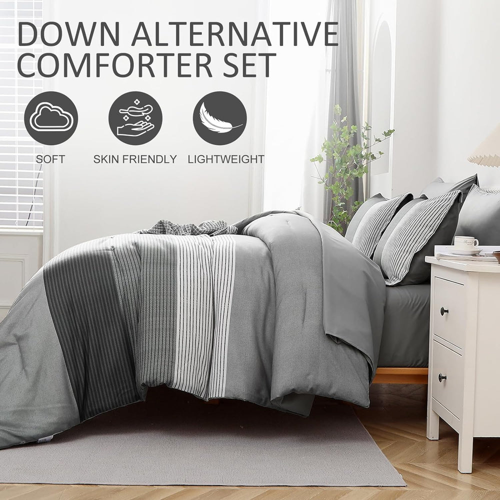 Grey Full Size Comforter Set, 7 Pieces Striped Bed in a Bag with Sheets