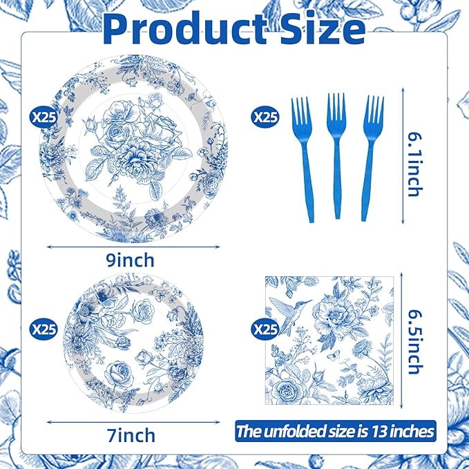 100 Pcs Blue and White Floral Tableware Party Supplies Set, Serves 25 – - Image 2