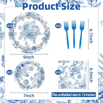 100 Pcs Blue and White Floral Tableware Party Supplies Set, Serves 25 – - Image 2