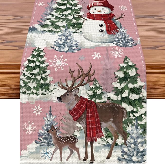 Artscope Reindeer Snowman Christmas Tree Table Runner, Xmas Winter Snowflakes by Artscope