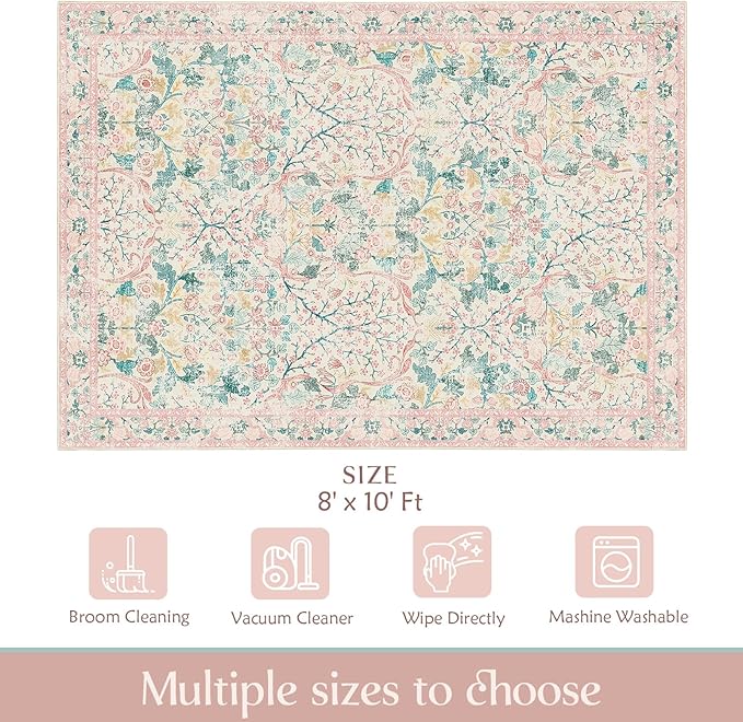 MUJOO Pink Washable Rugs 8x10, Floral Area Rug - Image 2