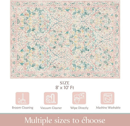 MUJOO Pink Washable Rugs 8x10, Floral Area Rug - Image 2