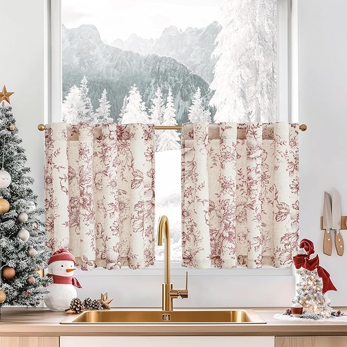 jinchan Linen Floral Tier Curtains 24 Inch Christmas Decorations Farmhouse by JINCHAN