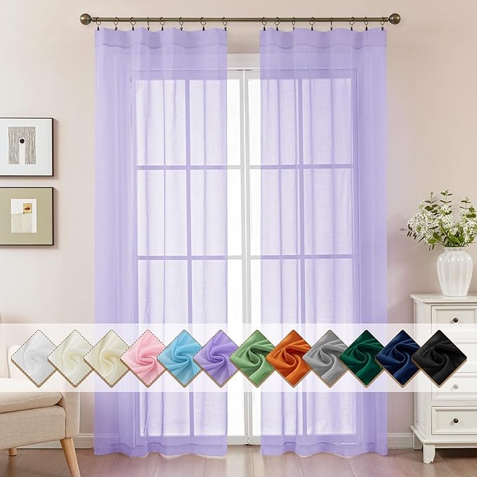 Purple Sheer Curtains 84 Inches Long, Privacy Semi Sheer Curtains by ABLUEN