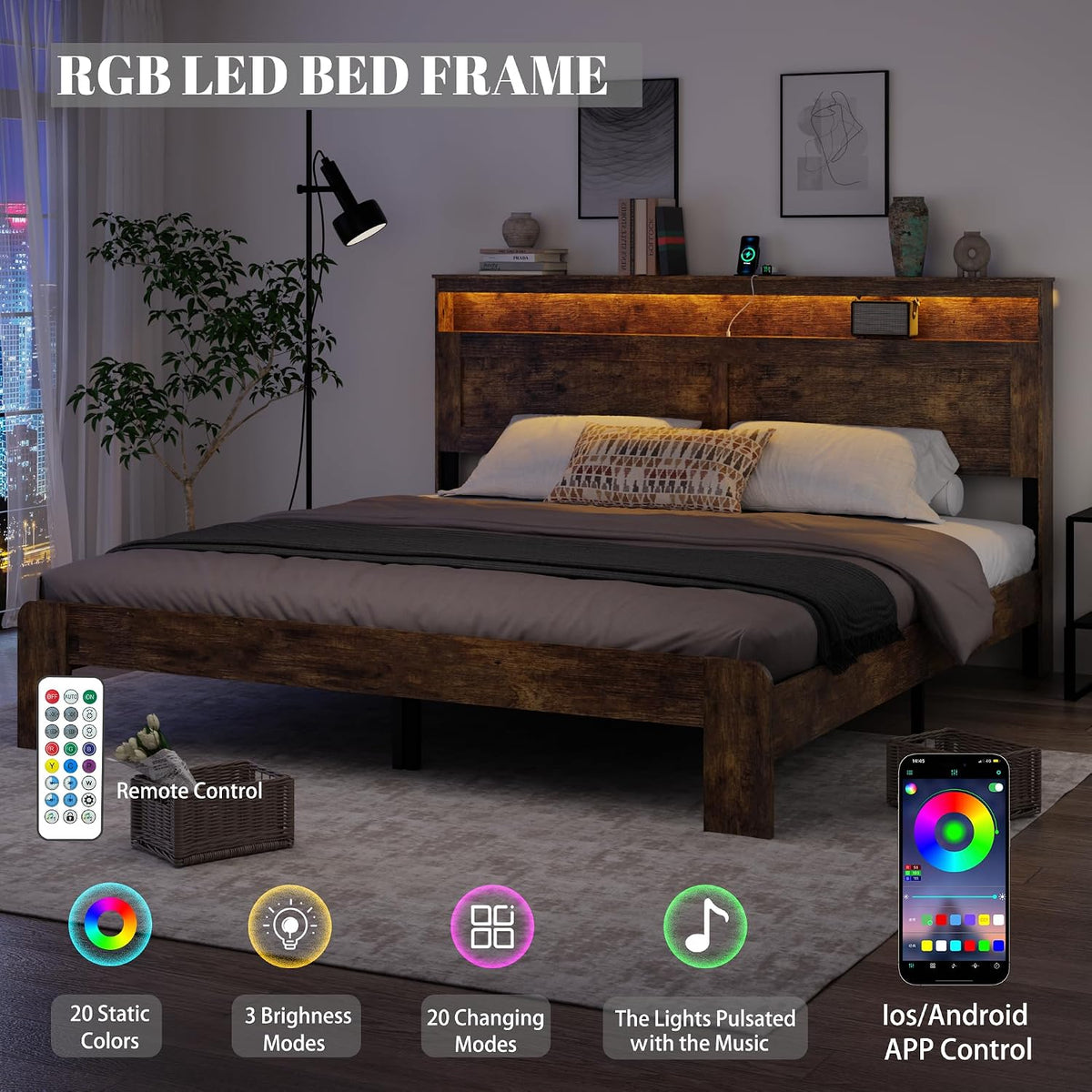 king size wooden bed frame with headboard, rustic on a desk or shelf