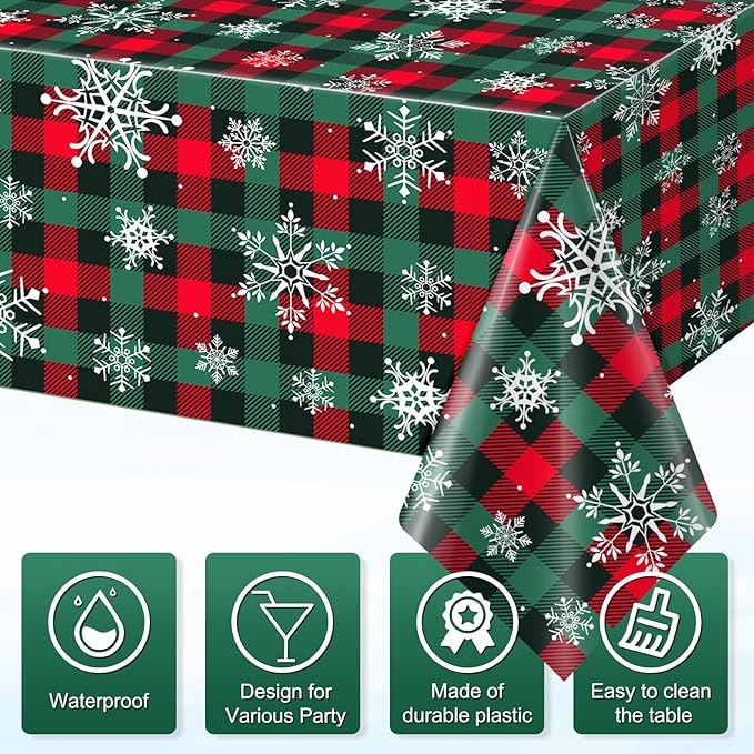 6Pcs Christmas Buffalo Plaid Snowflake Party Tablecloths Decorations, Plastic - Image 3