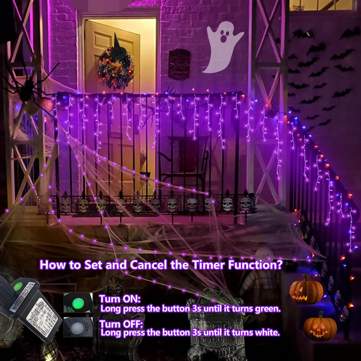 QITONG Purple Halloween Lights, 33ft 400 LED Icicle Lights for Outside Plug in, Clear Wire Connectable String Light Indoor with 8 Modes