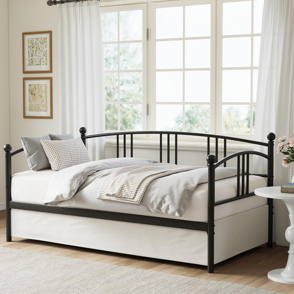 idealhouse twin daybed with trundle, metal twin size, front angle view